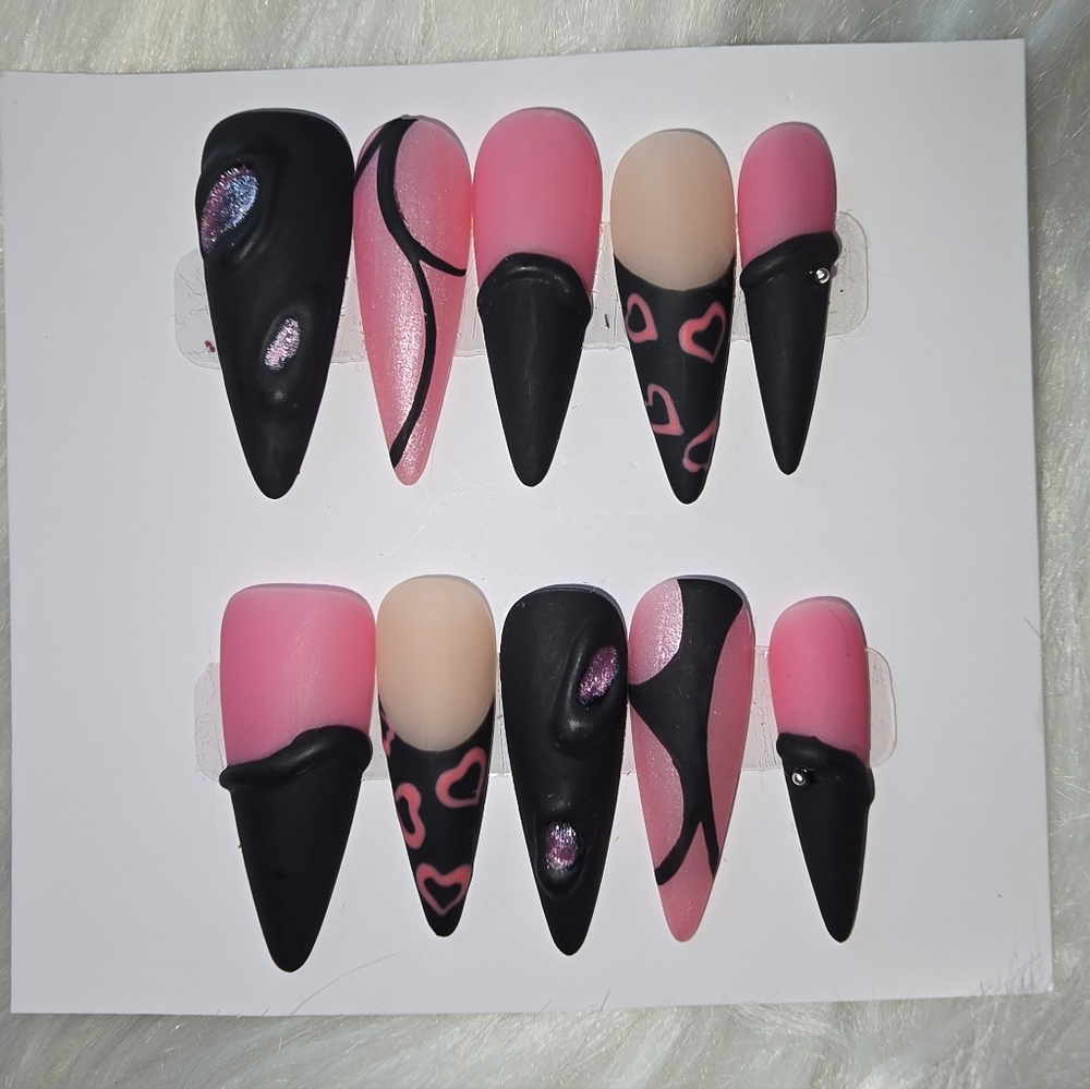 Pink and Black Handmade Stiletto Press-On Nail Set